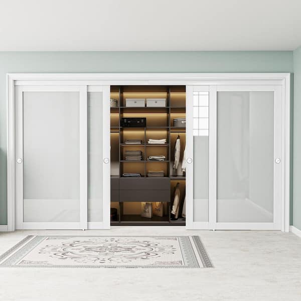 144 in. x 80 in. 1-Lite Tempered Frosted Glass White Finished Solid Core Interior Closet Sliding Door with Hardware