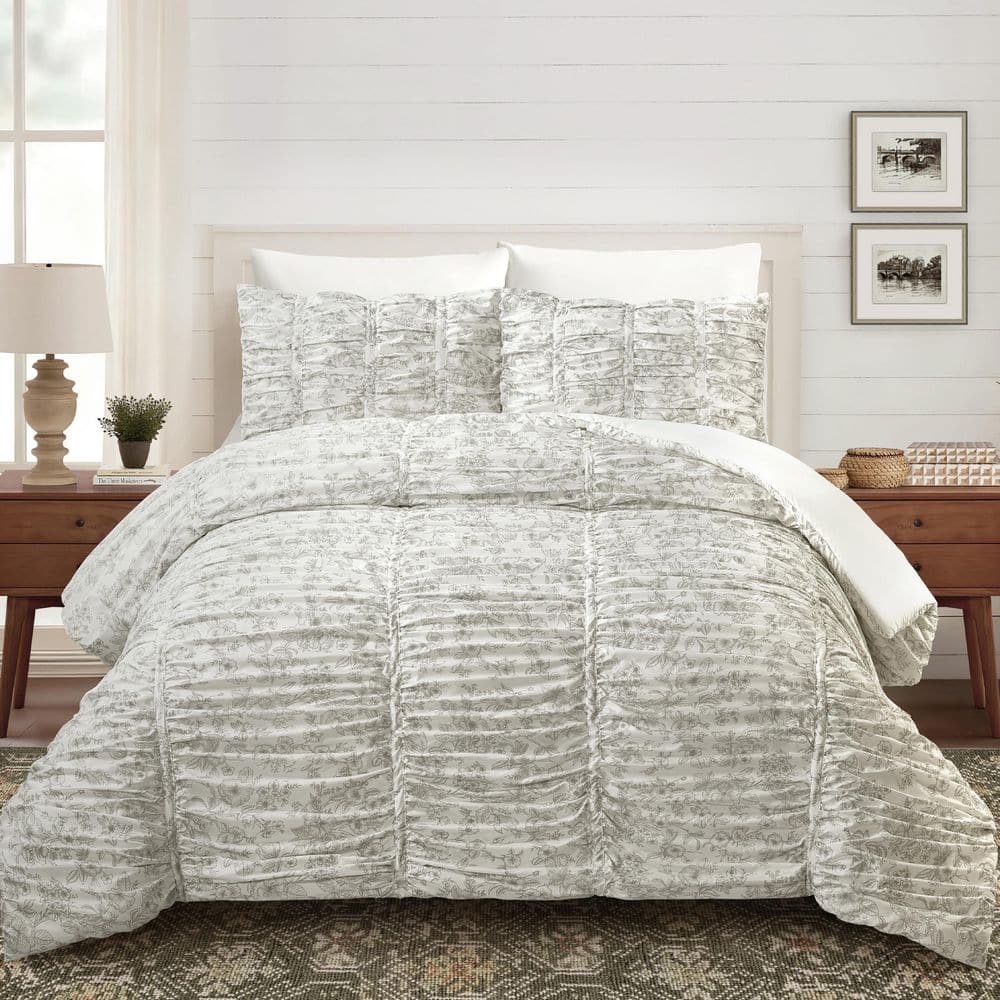 Floral Toile 3-Piece Gray/White Ruched Microfiber King Comforter Set price history on PriceWatchPro