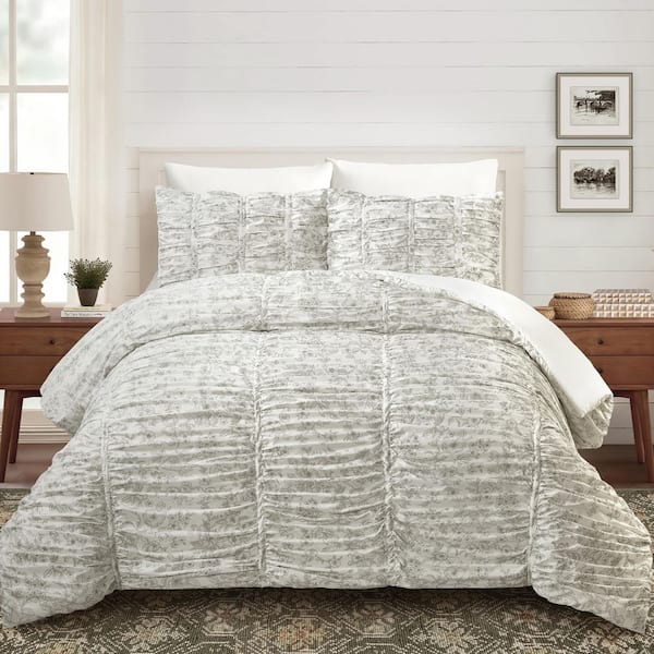 Floral Toile 3-Piece Gray/White Ruched Microfiber King Comforter Set