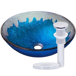 Diaccio Glass Round Vessel Sink in Hand Painted Blue with Drain in Chrome