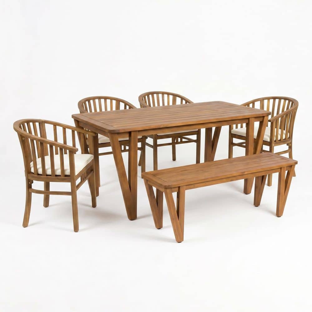 Halyn 6-Piece Teak Finish Acacia Wood Patio Outdoor Dining Set with V-Shaped Legs Table, Cream Cushions and Bench price history on PriceWatchPro