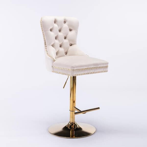 Beige Velvet Swivel Bar Stools with Adjustable Height 27-35 Inch, Tufted Back & Cupreous Nailheads, Set of 2