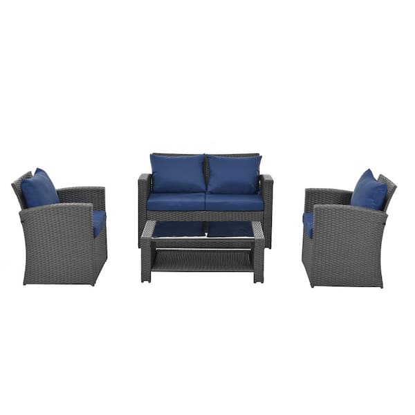 Unbranded 4-Piece Outdoor Wicker Patio Conversation Set with Blue Cushions, Furniture Set, Gray