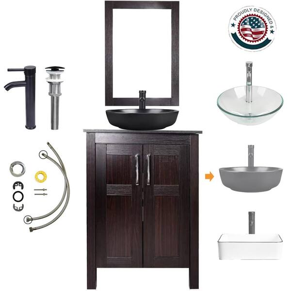 TOOLKISS 24 in. W x 19 in. D x 32.3 in. H Single Sink Bath Vanity in Brown with Top and Mirror