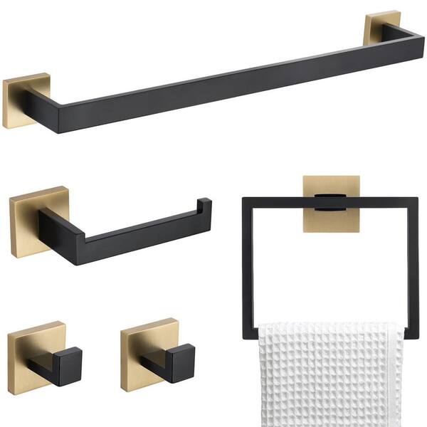 5-Piece Bathroom Hardware Set In Brushed Gold - Towel Bar, Ring, Toilet Paper Holder & Hooks