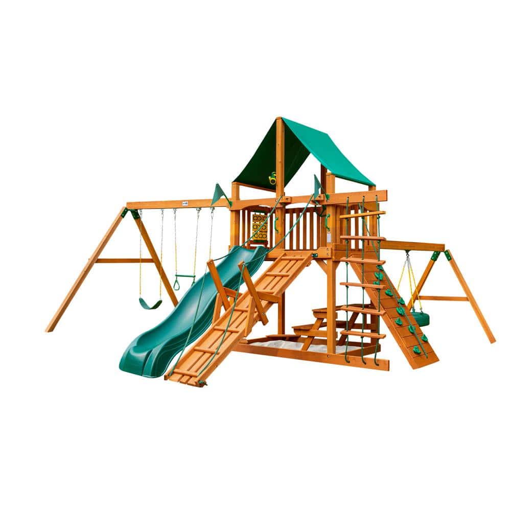 Gorilla Playsets Frontier Wooden Outdoor Playset with Green Vinyl Canopy,  Wave Slide, Rock Wall, and Backyard Swing Set Accessories 01-0004-AP-1 -  The 