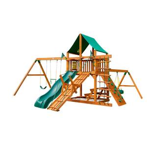 Frontier Wooden Outdoor Playset with Green Vinyl Canopy, Wave Slide, Rock Wall, and Backyard Swing Set Accessories