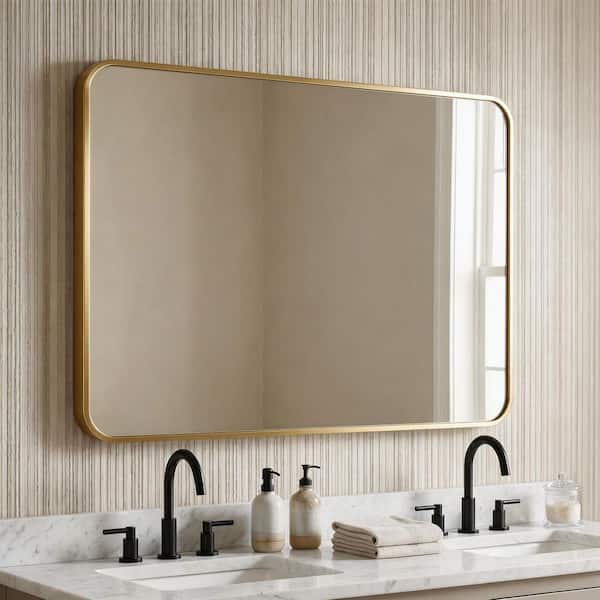 Gold 30 in. W x 40 in. H Metal Rectangular Frameless Wall Mount Bathroom Vanity Mirror, Makeup Mirror