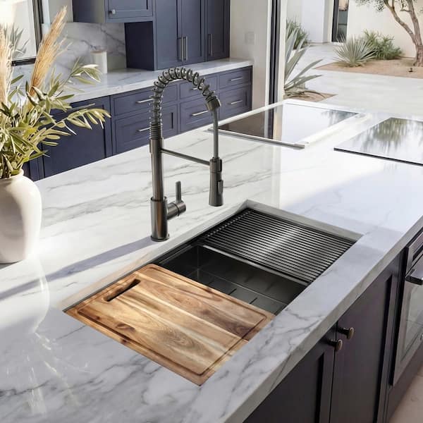 30 in. Undermount Single Bowl 18 Gauge Gunmetal Black Stainless Steel Workstation Kitchen Sink with Spring Neck Faucet