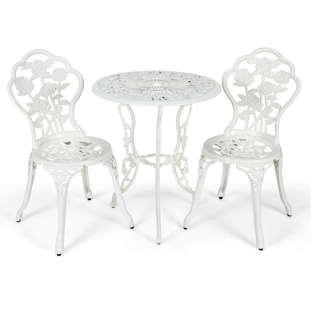 White Cast Aluminum Rose Design Outdoor Bistro Set