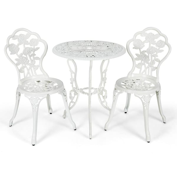 HONEY JOY 26 in. Rose Design White 3-Piece Metal Round Outdoor Bistro Set