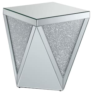 Amore 18.75 in. W Silver and Clear Square Mirror Glass Top End Table with Triangle Detailing