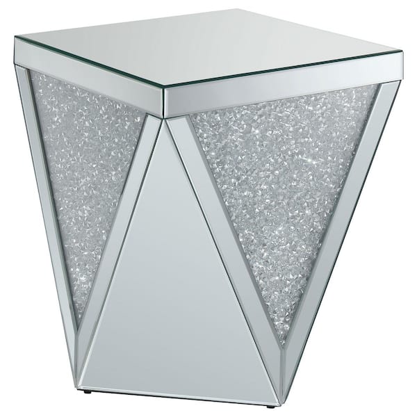 Coaster Amore 18.75 in. W Silver and Clear Square Mirror Glass Top End Table with Triangle Detailing
