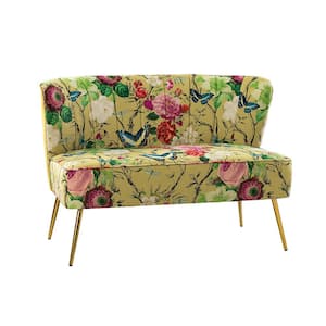 Arezo 47 in. Comfy Mustard Floral Pattern Design Loveseat with Channel Tufted Back and Adjustable Leg