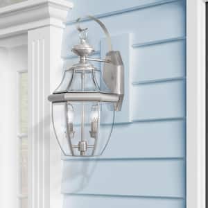 Aston 20.25 in. 2-Light Brushed Nickel Outdoor Hardwired Wall Lantern Sconce with No Bulbs Included