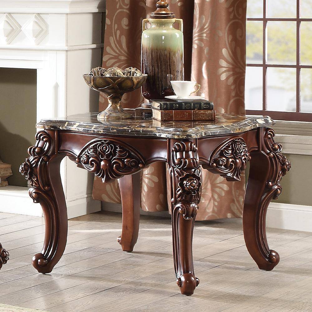 Walnut Brown Scalloped Marble Top End Table with Carved Floral Motifs