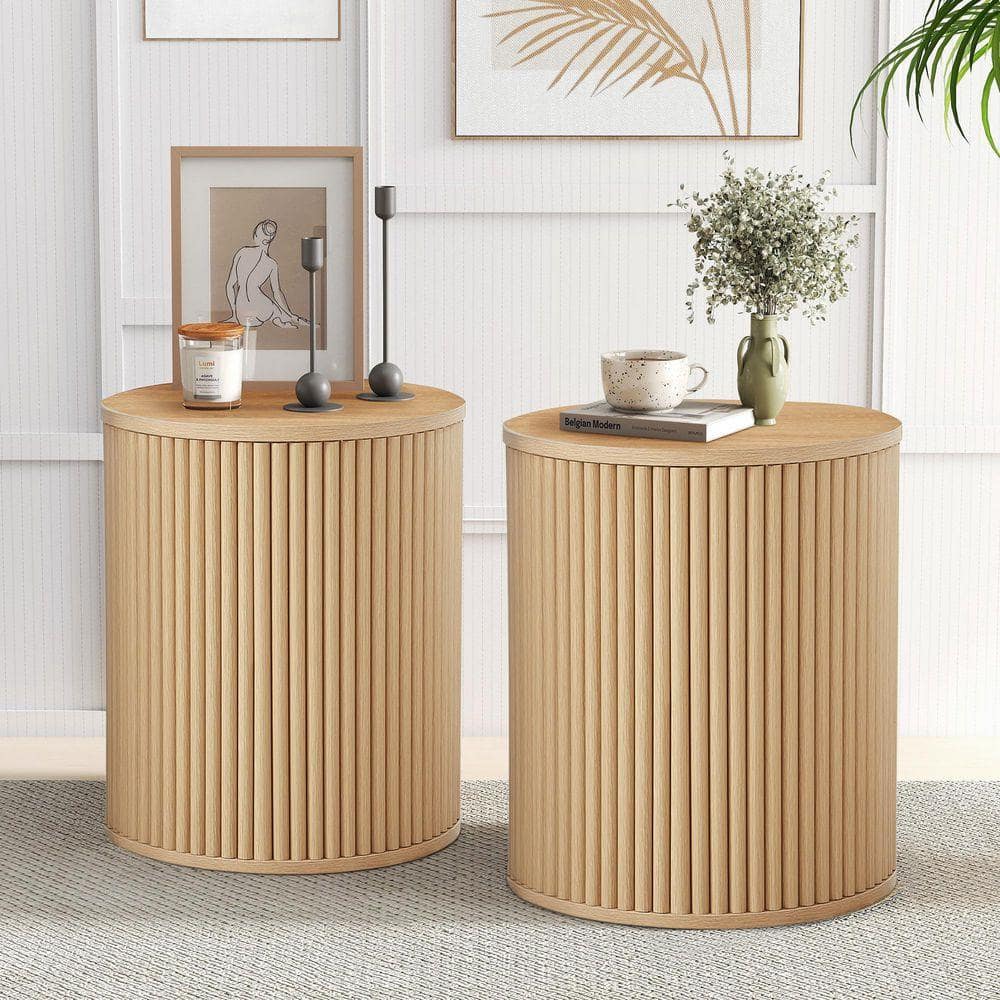 15.75 in. Natural Round MDF Cylindrical Wavy Coffee Table with Hidden Storage Space