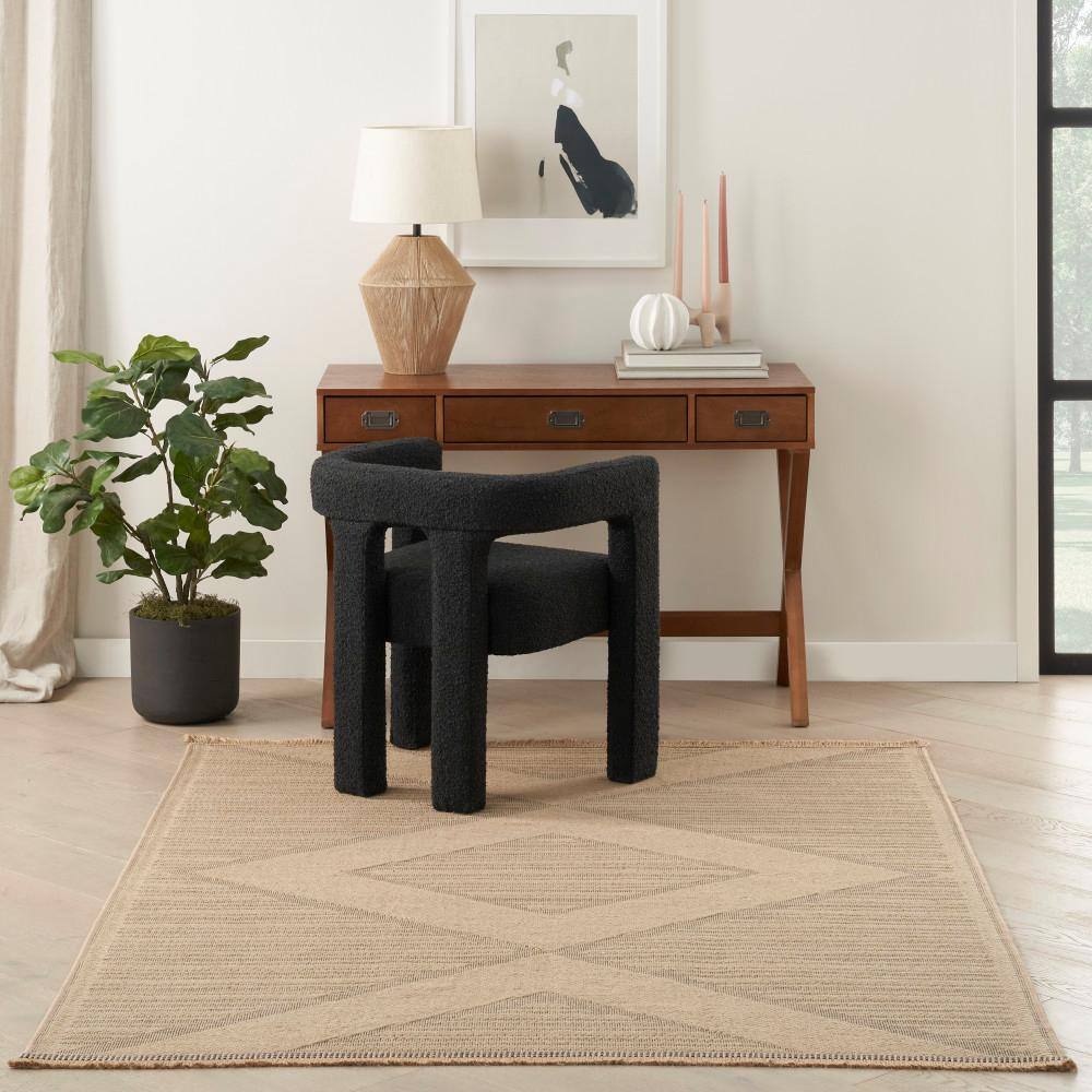 Natural Beige Geometric Wool and Synthetic 5'3" x 7'3" Washable Rug