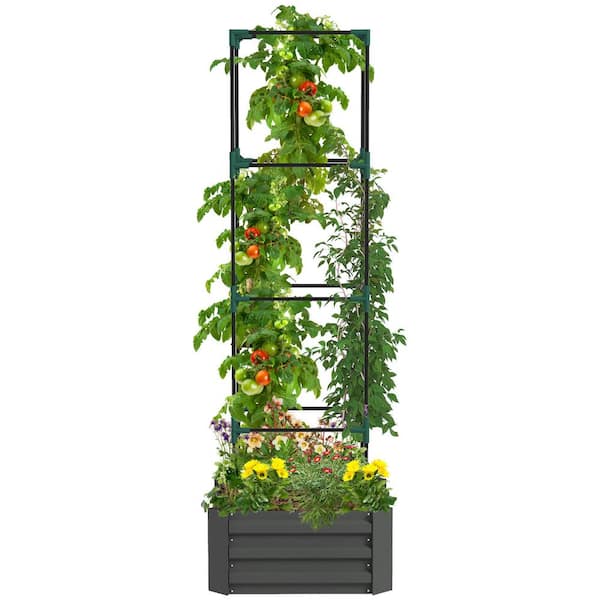 ToolCat 73 .5 in. x 24 in. Outdoor Planter Box with Trellis Galvanized Raised Garden Bed Open Bottom for Climbing Plants, Gray