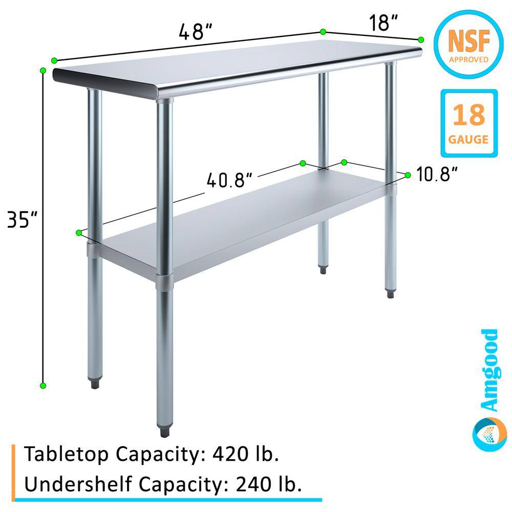 48" Stainless Steel Kitchen Utility Table with Adjustable Shelf