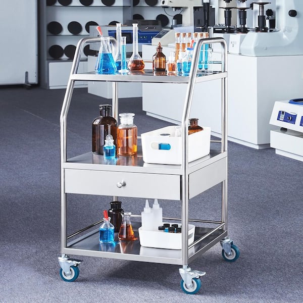 Laboratory Service Trolley, Triple Tiered Stainless Steel Mobile Cart, Medical Trolley with Single Drawer, for Labs
