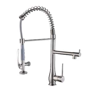 Single-Handles 2-Spout Commercial Pre-Rinse Spring Pull Down Sprayer Kitchen Faucet in Brushed Nickel