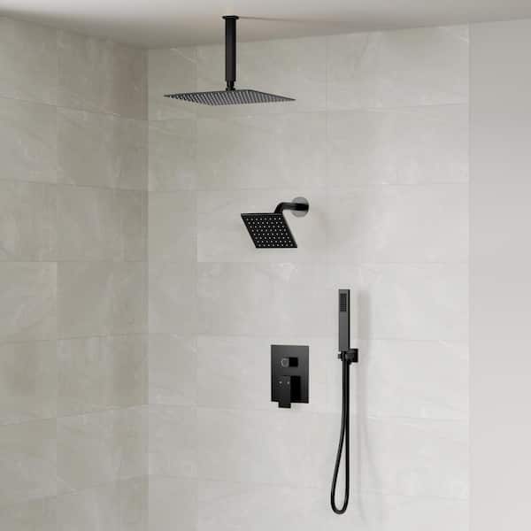 3-Spray Square Ceiling Mount Shower Head and Handheld 2.5 GPM in Matte Black (Valve Included)