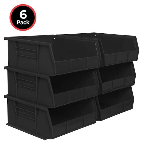 Heavy-Duty Stackable and Hanging Plastic Storage Totes, 10.88 in. L x 11 in. W x 5 in. H, Holds 50 lbs., Black (6-Pack)