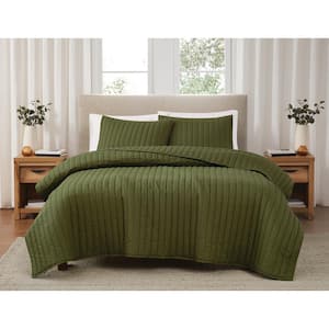 3-Piece Olive Green Solid Cotton Percale King Quilt Set