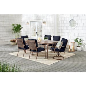 Geneva 7-Piece Brown Wicker Outdoor Patio Dining Set with CushionGuard Midnight Navy Blue Cushions