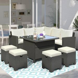 Gray 8-Piece Wicker Outdoor Conversation Set with Beige Cushions, Table and Ottomans