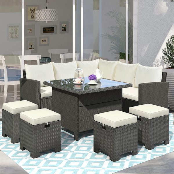 Maincraft Gray 8-Piece Wicker Outdoor Conversation Set with Beige Cushions, Table and Ottomans