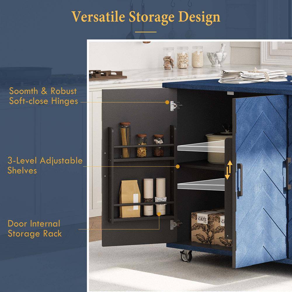 Navy Blue Wood 51.2 in. Farmhouse Kitchen Island with Drop Leaf