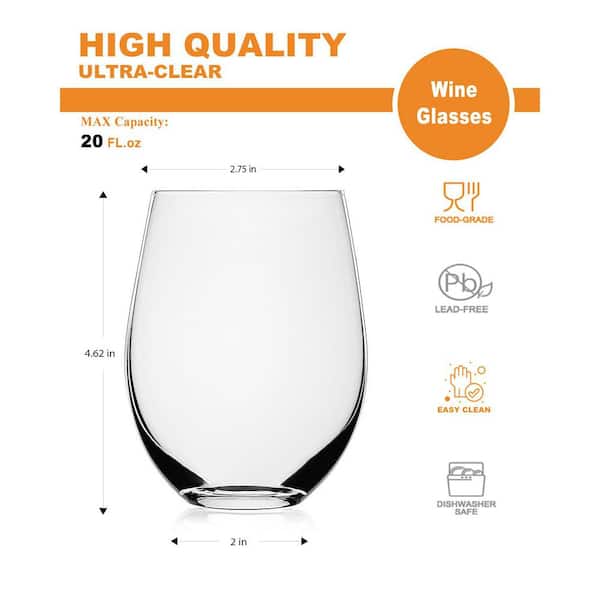 Wudkey 20 oz. Red and White Wine Glasses, Stemless Wine Glasses(Set of 4), Smooth Rim Standard Wine Glass Tumbler