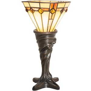 Belvidere 15 in. Mahogany Bronze Victorian Mini Table Lamp with Multicolored Stained Glass Shade