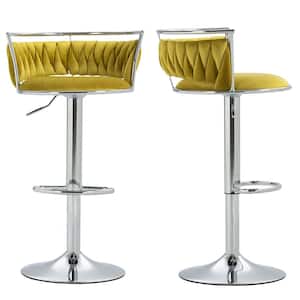 38.7 in. Swivel Adjustable Height Low Back Silver Metal Frame Bar Stool with Olive Drab Velvet Seat Cushion(set of 2)