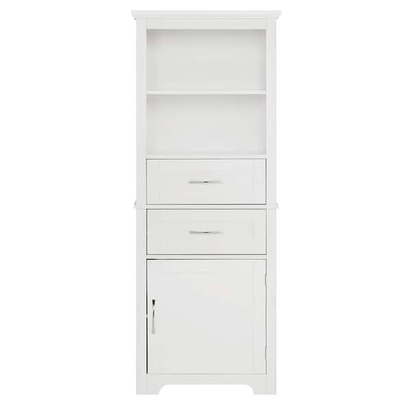 Zeus & Ruta 22.63 in. W x 11.82 in. D x 60 in. H White Linen Cabinet with Open Shelves and 2-Drawers