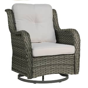 Wicker Rattan Taupe Patio Outdoor Rocking Chair Swivel with Beige Cushions (Set of 1)