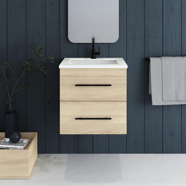 Napa 24 W x 22 D x 21-3/8 H Single Sink Bathroom Vanity Wall Mounted in White Oak with White Quartz Countertop