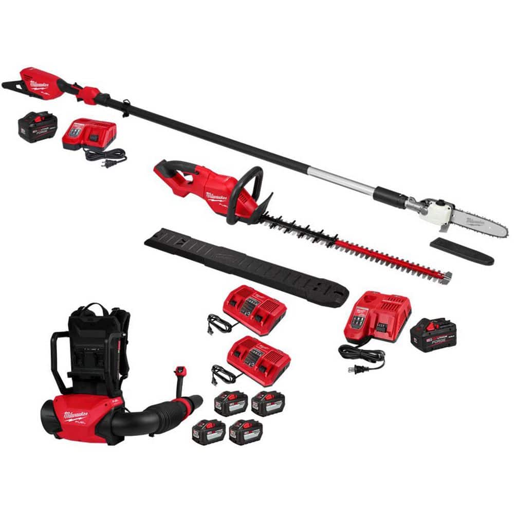 MILWAUKEE M18 FUEL 10 in. 18V Brushless Electric Cordless Telescoping Pole Saw Kit w/ M18 Hedge Trimmer, M18 Backpack Blower (3013-21-3034)