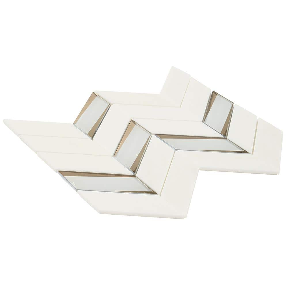 Verona Polished White Marble and Glass Chevron Mosaic Tile