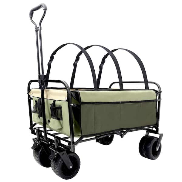 Huluwat Green 4 cu. ft. Steel Collapsible Garden Cart with Strapping System for Camping Shopping Sports Gardeing