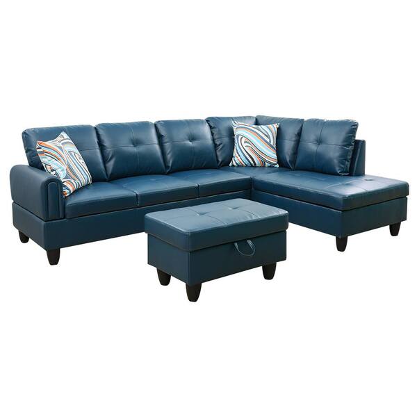 Star Home Living StarHomeLiving 66.5 in. W Round Arm 3-Piece Leather Rectangle Sectional Sofa in Blue