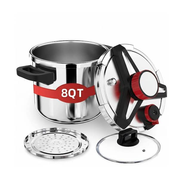 3-in-1 8-Piece Stainless Steel Pressure Cooker Set Silver Durable Explosion-Proof Induction Compatible with Glass Lid