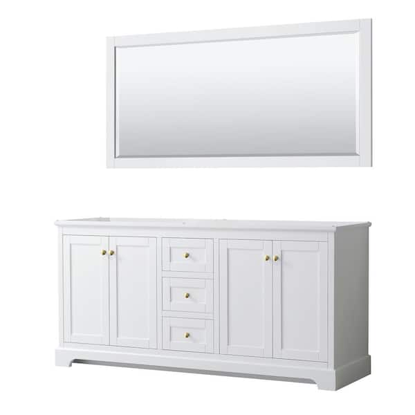 Wyndham Collection Avery 71 in. W x 21.75 in. D x 34.25 in. H Bath Vanity Cabinet without Top in White with Gold Trim and 70 in. Mirror