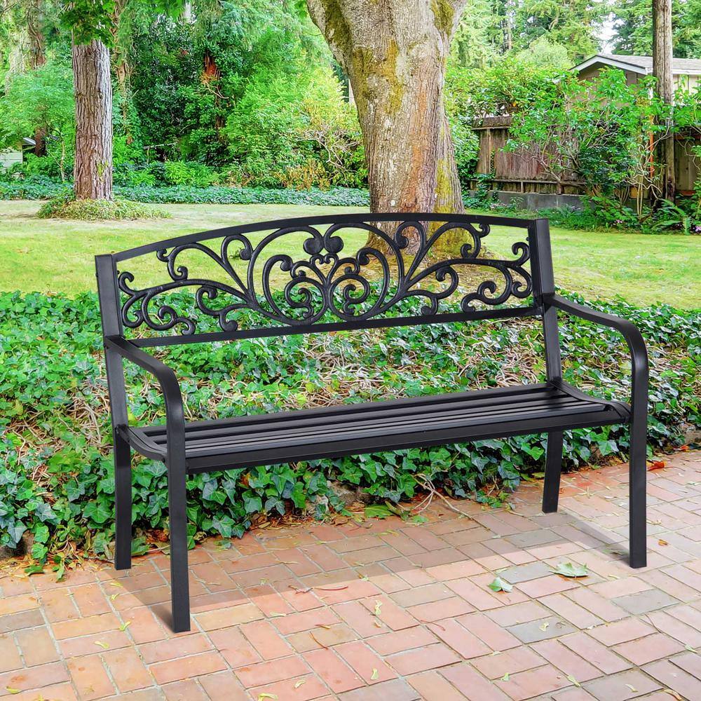 50" Black Iron Floral Pattern Outdoor Bench