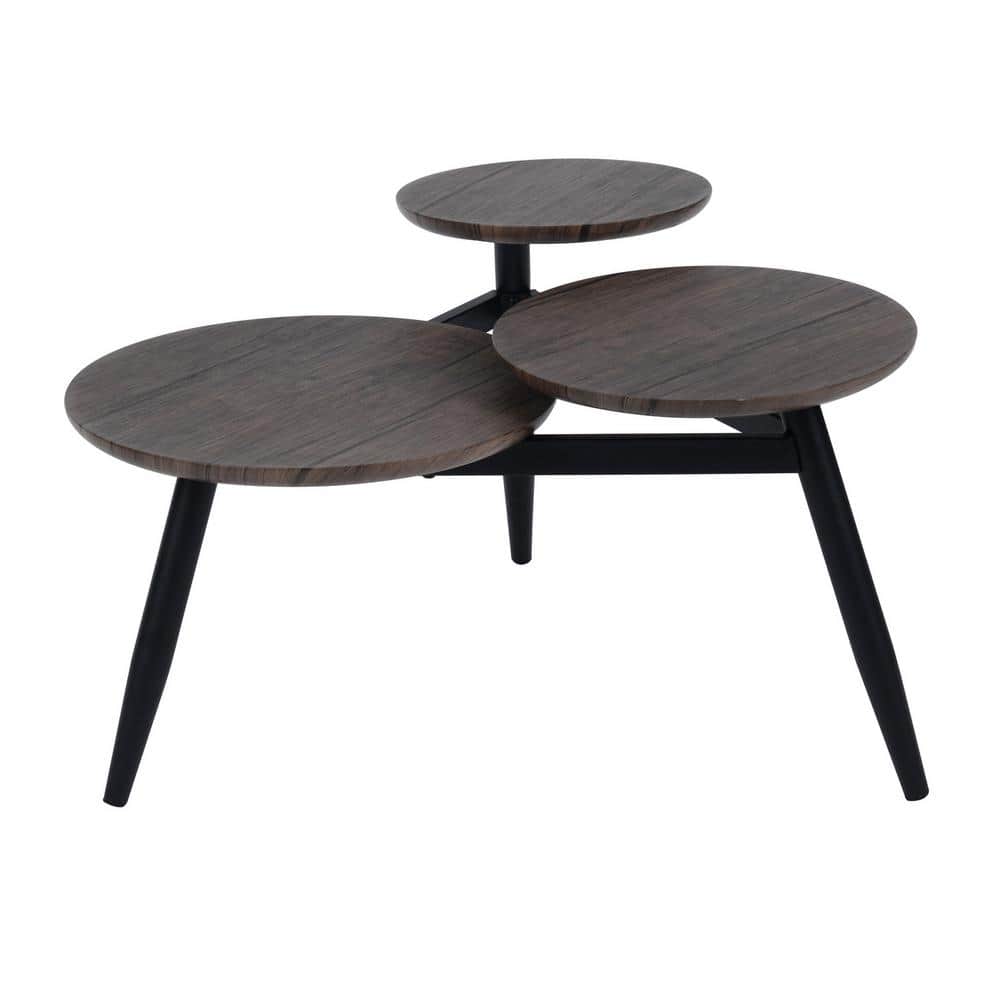 Metal and Wood Outdoor Coffee Table With 3-Tier Wooden Top, Walnut and Blac