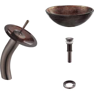 Glass Vessel Sink in Copper Illusion with Single Hole Single-Handle Low Arc Waterfall Faucet in Oil Rubbed Bronze