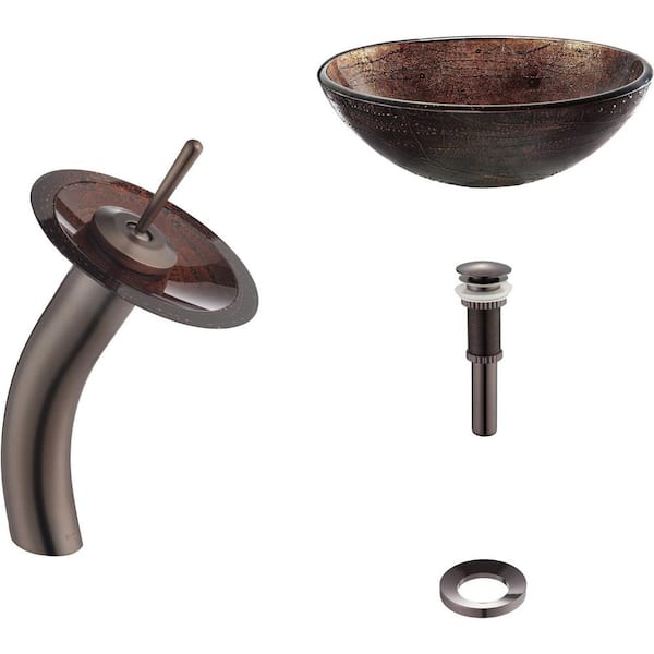KRAUS Multi-Color 16.5 in. Round Vessel Bathroom Sink in Copper Glass with Waterfall Faucet in Oil Rubbed Bronze