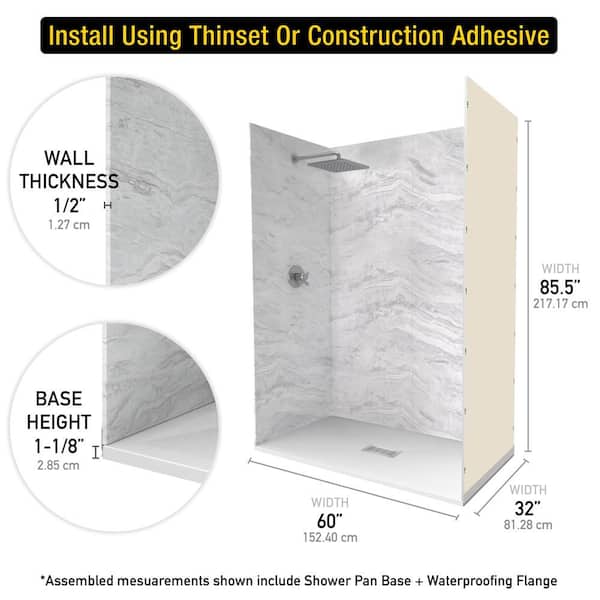 Sierra Light 32 in. x 60 in. x 84 in. Solid Composite Stone Alcove Shower Kit with Walls and White Pan Base Center Drain